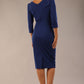 model wearing diva catwalk york pencil-skirt dress with sleeves and rounded folded collar and plearing across the tummy area in navy blue colour back