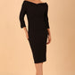 model wearing a diva catwalk Seed Miranda Bardot Neckline Pencil Dress with 3/4 sleeve in Black colour