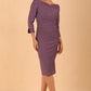 model wearing a diva catwalk Seed Miranda Bardot Neckline Pencil Dress with 3/4 sleeve in Dusky Lilac colour