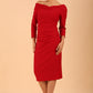 model wearing a diva catwalk Seed Miranda Bardot Neckline Pencil Dress with 3/4 sleeve in Cardinal Red colour