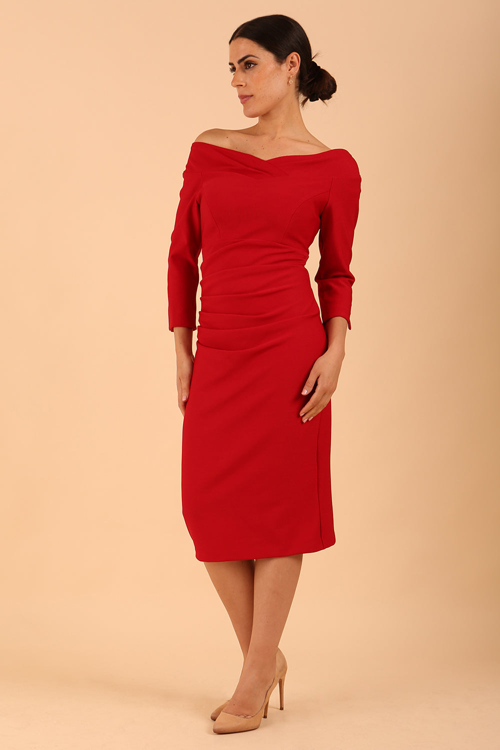 model wearing a diva catwalk Seed Miranda Bardot Neckline Pencil Dress with 3/4 sleeve in Cardinal Red colour