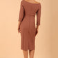 model wearing a diva catwalk Seed Miranda Bardot Neckline Pencil Dress with 3/4 sleeve in Acorn Brown colour back