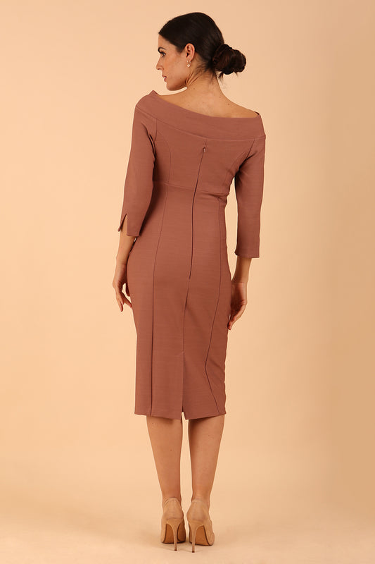 model wearing a diva catwalk Seed Miranda Bardot Neckline Pencil Dress with 3/4 sleeve in Acorn Brown colour back