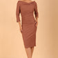 model wearing a diva catwalk Seed Miranda Bardot Neckline Pencil Dress with 3/4 sleeve in Acorn Brown colour