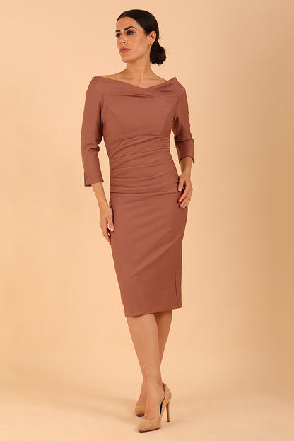 model wearing a diva catwalk Seed Miranda Bardot Neckline Pencil Dress with 3/4 sleeve in Acorn Brown colour