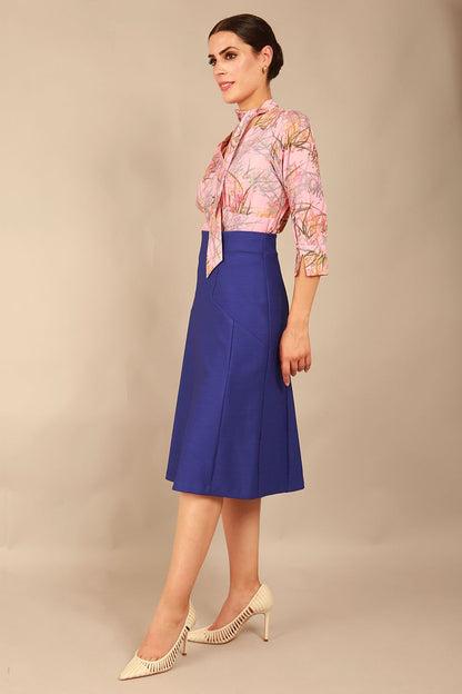 model wearing a diva catwalk Seed Esme Skirt below the knee length in palace blue colour