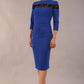 Model wearing the Diva Atlantis Pencil dress with three quarter length sleeves in cobalt blue and black front image