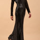 Brunette Model wearing a long full length metallic sparkle dress by Diva Catwalk front side