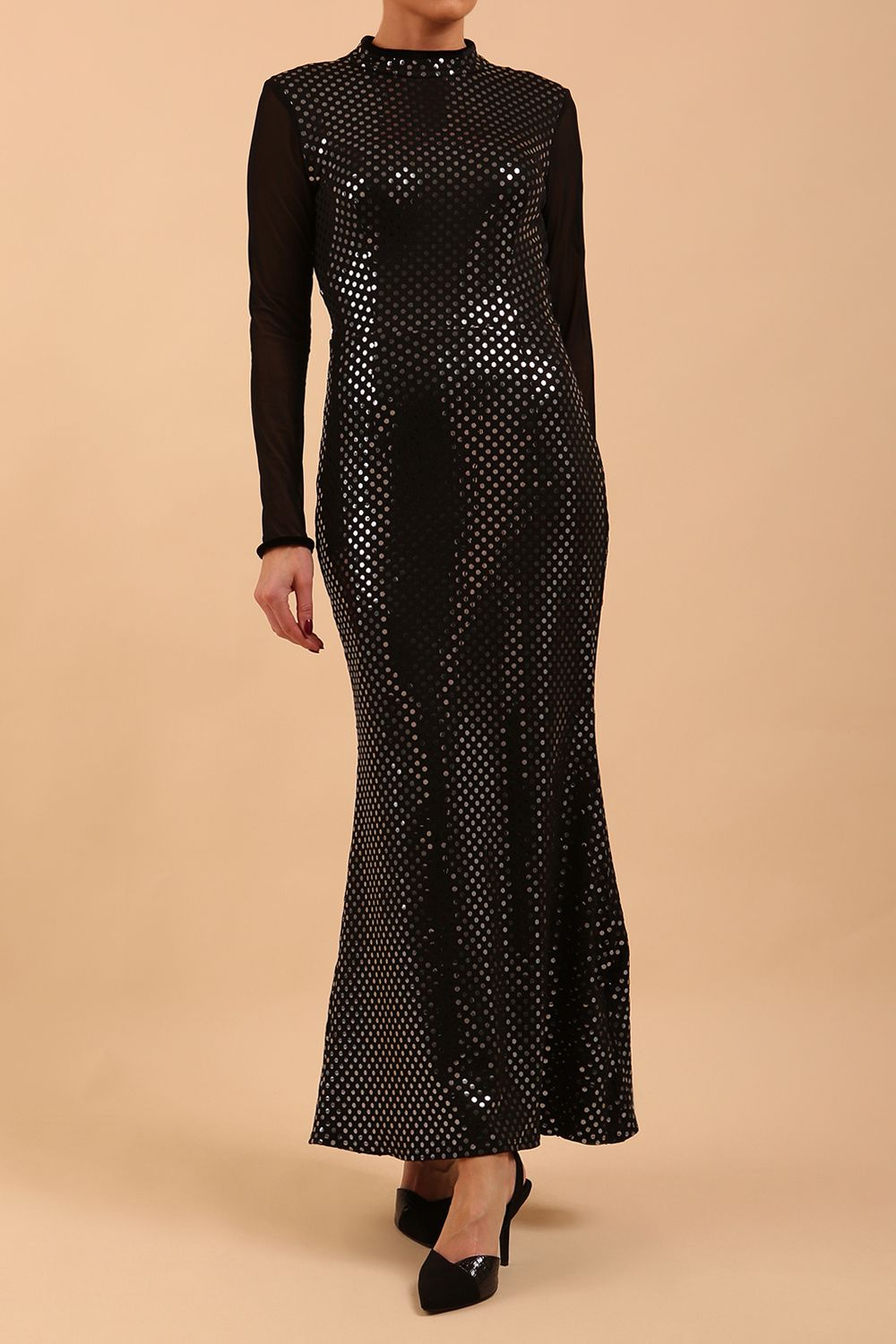 Blonde Model wearing a long full length metallic sparkle dress by Diva Catwalk front