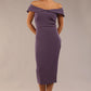 brunette model wearing diva catwalk juilet midaxi pencil sleeveless off shoulder dress with open neck and folded collar in colour mauve purple front