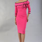 model wearing a diva catwalk Paige Bi-Stretch Dress with 3/4 sleeve, knee length, Fold over off-shoulder neckline with bow detail and with Contrast piping on sleeve cuffs and neckline in Hibiscus Fuchsia and black colour