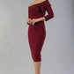 model wearing a diva catwalk Paige Bi-Stretch Dress with 3/4 sleeve, knee length, Fold over off-shoulder neckline with bow detail and with Contrast piping on sleeve cuffs and neckline in Burgundy and black colour