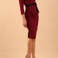 brunette model wearing diva catwalk luma pencil skirt dress with contrasting bow off shoulder with sleeves in blissful burgundy front