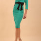 model wearing diva catwalk luma pencil skirt dress with contrasting bow off shoulder with sleeves in Emerald Green front