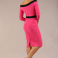 model wearing diva catwalk luma pencil skirt dress with contrasting bow off shoulder with sleeves in hibiscus pink back side