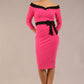 model wearing diva catwalk luma pencil skirt dress with contrasting bow off shoulder with sleeves in hibiscus pink front