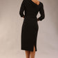 model wearing a diva catwalk Rococo 3/4 Sleeved Pencil Dress with asymmetric neckline with pleating details and 3/4 sleeves length and knee length in black colour