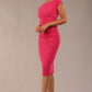 model is wearing diva catwalk polly cap sleeve pencil dress with rounded neckline at the front and deep lowered rounded cutout at the back in fuchsia pink front