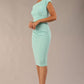 Model wearing Diva Catwalk Polly Rounded Neckline Pencil Cap Sleeve Dress with pleating across the tummy area in Mint Green front