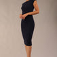 model is wearing diva catwalk polly cap sleeve pencil dress with rounded neckline at the front and deep lowered rounded cutout at the back in navy blue front