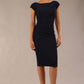 model is wearing diva catwalk polly cap sleeve pencil dress with rounded neckline at the front and deep lowered rounded cutout at the back in navy blue front