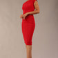 Model wearing Diva Catwalk Polly Rounded Neckline Pencil Cap Sleeve Dress with pleating across the tummy area in True Red front