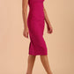 Model wearing Diva Catwalk Polly Rounded Neckline Pencil Cap Sleeve Dress with pleating across the tummy area in Magenta Haze front side