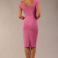 model is wearing diva catwalk polly cap sleeve pencil dress with rounded neckline at the front and deep lowered rounded cutout at the back in begonia pink back