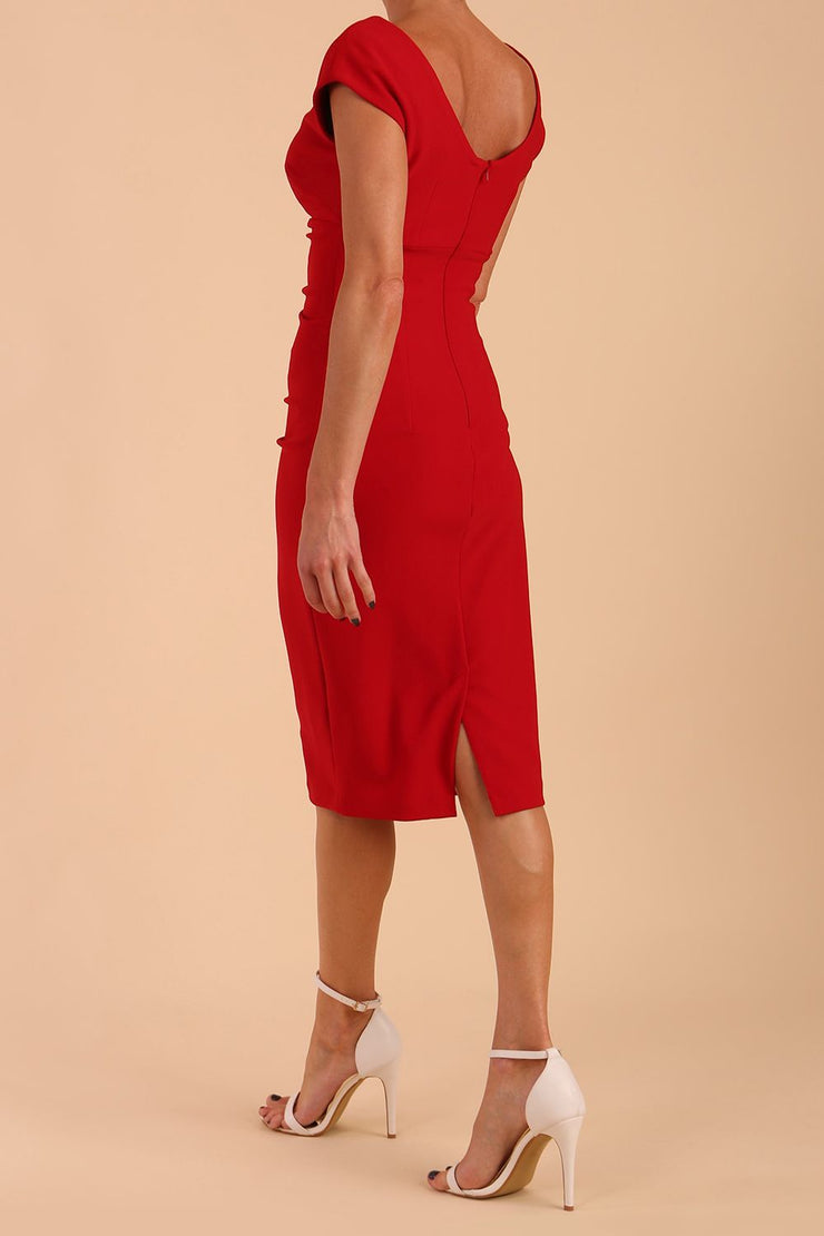 Model wearing Diva Catwalk Polly Rounded Neckline Pencil Cap Sleeve Dress with pleating across the tummy area in True Red back