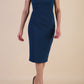 Model wearing Diva Catwalk Polly Rounded Neckline Pencil Cap Sleeve Dress with pleating across the tummy area in Teal front