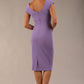 model is wearing diva catwalk polly cap sleeve pencil dress with rounded neckline at the front and deep lowered rounded cutout at the back in chalk purple back