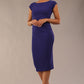 Model wearing Diva Catwalk Polly Rounded Neckline Pencil Cap Sleeve Dress with pleating across the tummy area in Deep Orient Blue front