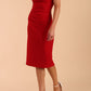 Model wearing Diva Catwalk Polly Rounded Neckline Pencil Cap Sleeve Dress with pleating across the tummy area in True Red front