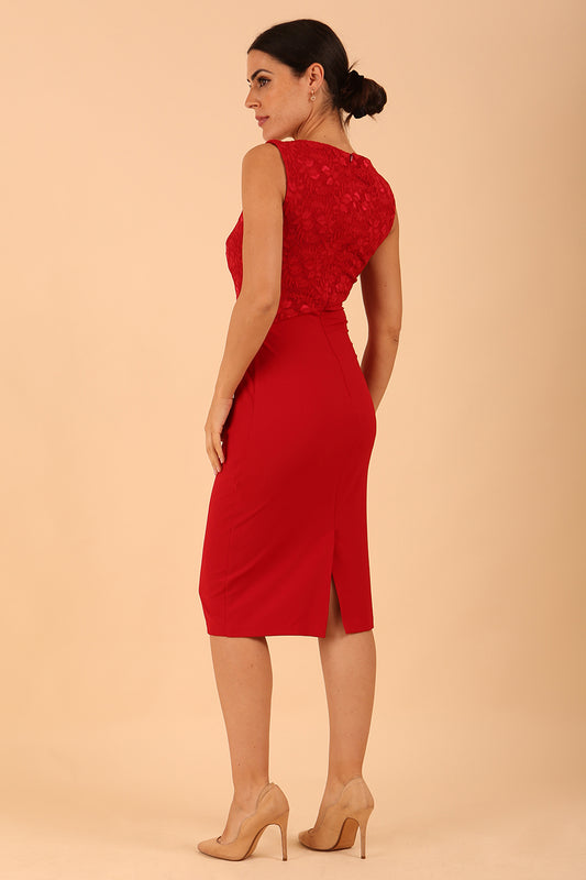 model wearing a diva catwalk Demelza Lace Pencil Dress sleeveless in Passion Red colour
