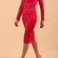 Model wearing a diva catwalk Montana Lace Dress with long lace sleeve and knee length with round lace neckline  in Yarrow Pink colour side front