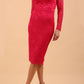 Model wearing a diva catwalk Montana Lace Dress with long lace sleeve and knee length with round lace neckline  in Yarrow Pink colour front side