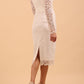 Model wearing a diva catwalk Montana Lace Dress with long lace sleeve and knee length with round lace neckline in Ivory Cream colour back