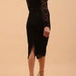 Model wearing a diva catwalk Montana Lace Dress with long lace sleeve and knee length with round lace neckline in Black colour back