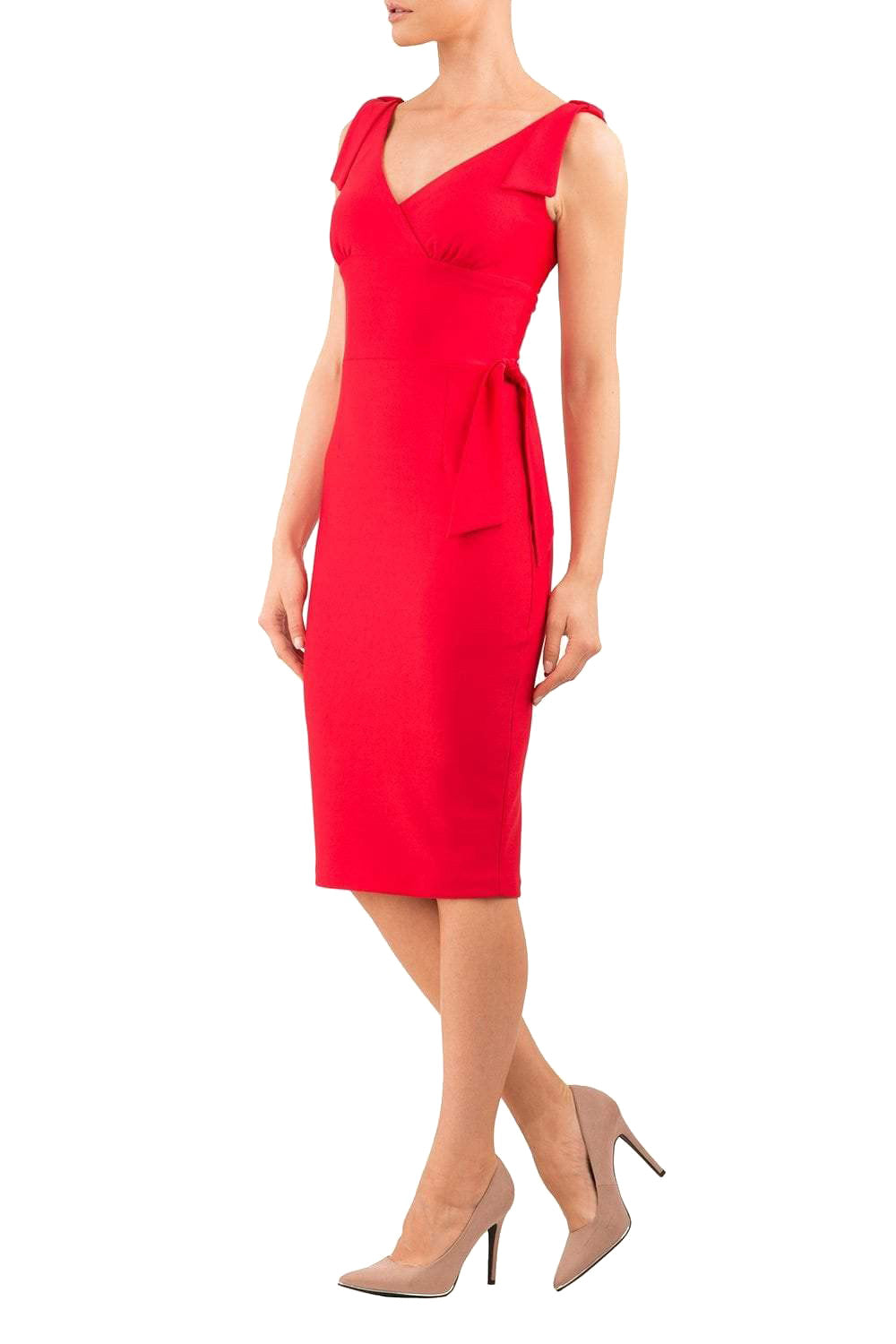 Model wearing diva catwalk Malvern Sleeveless  Pencil Wiggle Dress with tie detail at waist and shoulders in Electric Red colour side front