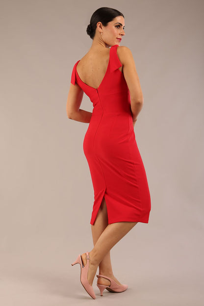Model wearing diva catwalk Malvern Sleeveless Pencil Wiggle Dress with tie detail at waist and shoulders and open back in Electric Red colour back side