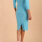 Model wearing Regatta Diva Catwalk Low V-Neckline 3/4 sleeve Pencil Dress in Sky Blue back