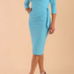 Model wearing Regatta Diva Catwalk Low V-Neckline 3/4 sleeve Pencil Dress in Sky Blue front