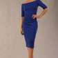 model wearing a diva catwalk Estonia Off shoulder Pencil Dress elbow length sleeve and knee length in Cobalt Blue colour