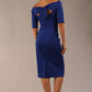 model wearing a diva catwalk Estonia Off shoulder Pencil Dress elbow length sleeve and knee length in Cobalt Blue colour