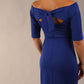 model wearing a diva catwalk Estonia Off shoulder Pencil Dress elbow length sleeve and knee length in Cobalt Blue colour back close up