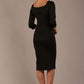 model is wearing a diva catwalk hathaway sweetheart neckline pencil dress in black against a plain background back view