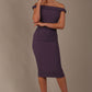 Model wearing the Diva Cloud Luxury Ripple Crepe cloud off-shoulder dress  design in dark mauve front image against a plain background