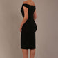 Model wearing the Diva Cloud Luxury Ripple Crepe cloud off-shoulder dress  design in black back image against a plain background
