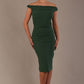 Model wearing the Diva Cloud Luxury Ripple Crepe cloud off-shoulder dress  design in hunter green front image against a plain background