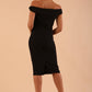 model wearing diva catwalk cloud pencil fitted flattering dress off shoulder sleeveless with detail with pleating around the front in black back